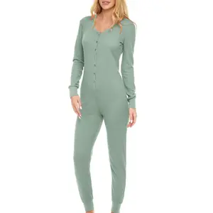 ADR Women's Waffle Ribbed Knit Thermal One Piece Pajamas Thermal Underwear Romper Sage Large