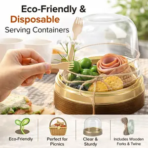 50 Sets Charcuterie Cups Individual Size, Disposable Plastic Round Cake Boxes with Dome Lids, Include Mini Wooden Spork and Rope – To Go Snack Containers for Wedding, Party, Picnic, Open House Events