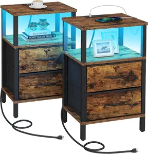 LED End Table with  Station, Nightstand with Cloth Drawer, Side Table with Outlets, Set of 2, Couch Table, Brown TB01BB068