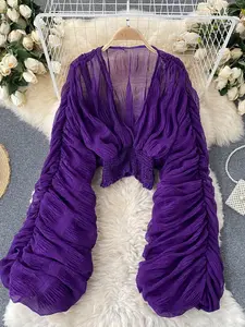 Draped Chiffon V-Neck Puff Long Sleeve Tops