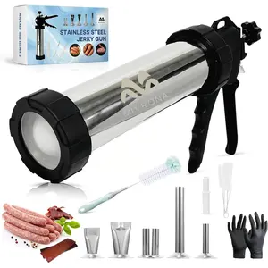 Professional Jerky Gun Kit –Stainless Steel Beef Meat Maker, Jerky Shooter & Sausage Stuffer with 5 Nozzles, Meat Pusher, 5 Cleaning Brushes(2Set) & Bonus Gloves