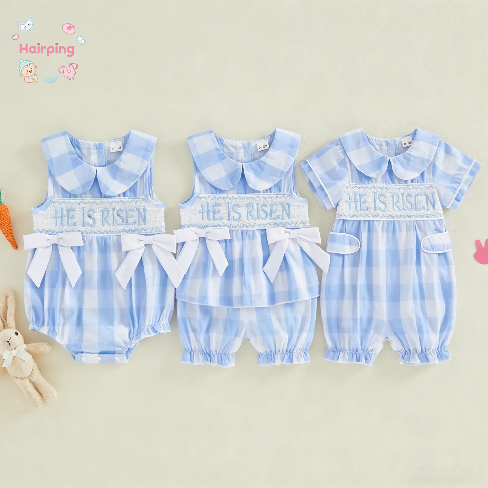 Baby Boy/Girl Easter "He Is Risen" Gingham Romper, Sleeveless Peter Pan Collar Bodysuit with Bow Headband, Holiday Church Party Outfit