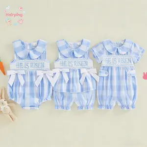 Baby Boy/Girl Easter "He Is Risen" Gingham Romper, Sleeveless Peter Pan Collar Bodysuit with Bow Headband, Holiday Church Party Outfit