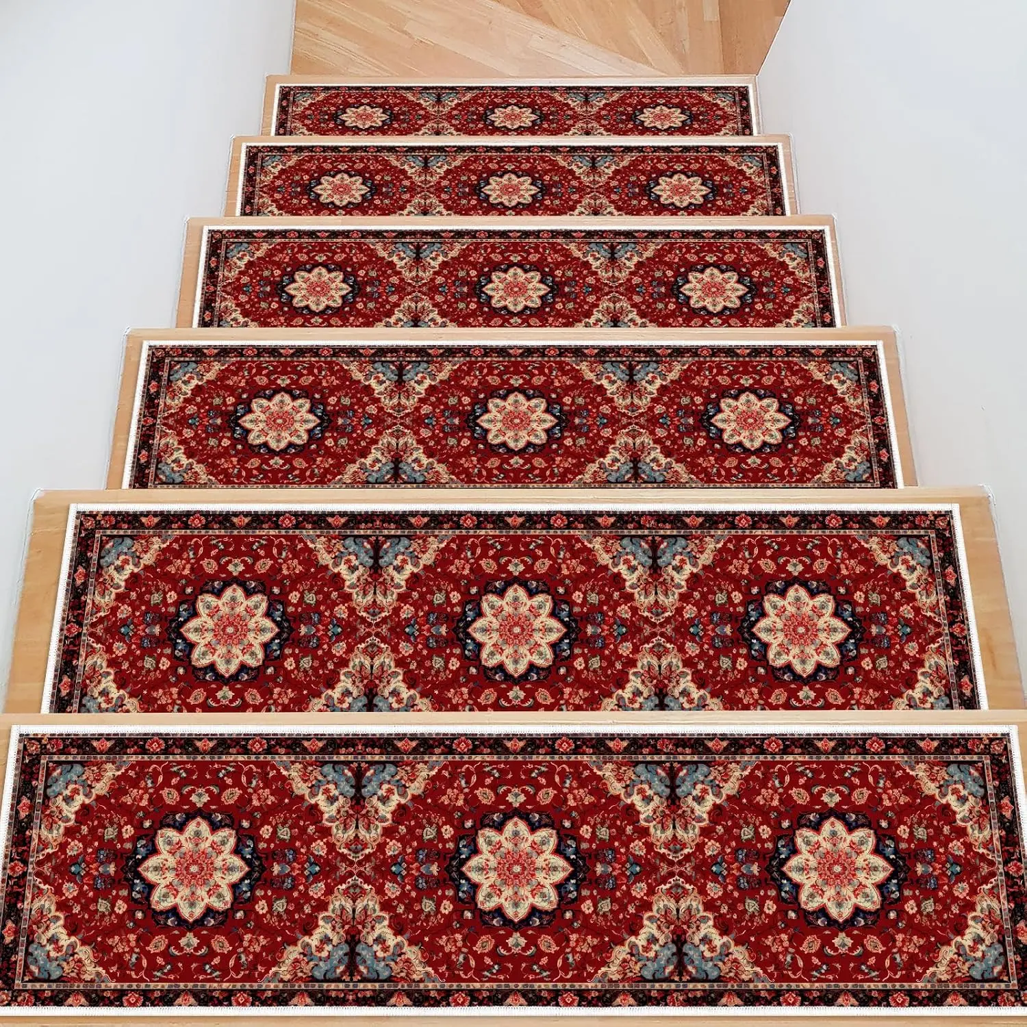 Stair Runner Non Slip 15 Pack, Persia Stair Treads for Wooden Steps 8" X 30" Stain Resistant, Oriental Washable Stair Carpet Rugwith  Backing for  Elders and Dogs