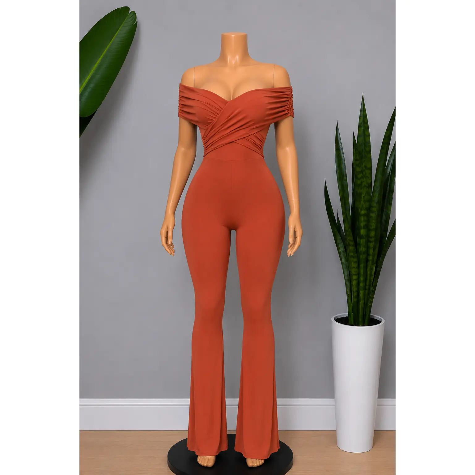 Women's Jumpsuit, Chic Off-Shoulder Bell Bottom Style with Comfortable Stretch Fit for Casual Fashion, Rust Orange, Sleeveless