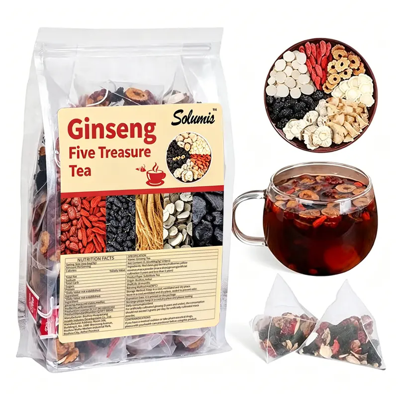 Men's 5-Treasure Health Tea Beverage, Ambient Botanical Extracts Blend with Ginseng, Red Date, Wolfberry, Mulberry, Kidney Support Herbal Scented Tea for Adults