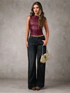 Women's Y2K Style Leather Sleeveless Vest Top, Bandeau Top, Fashionable Spring Summer Fall Wear, Casual & Stylish Design, Perfect for Daily