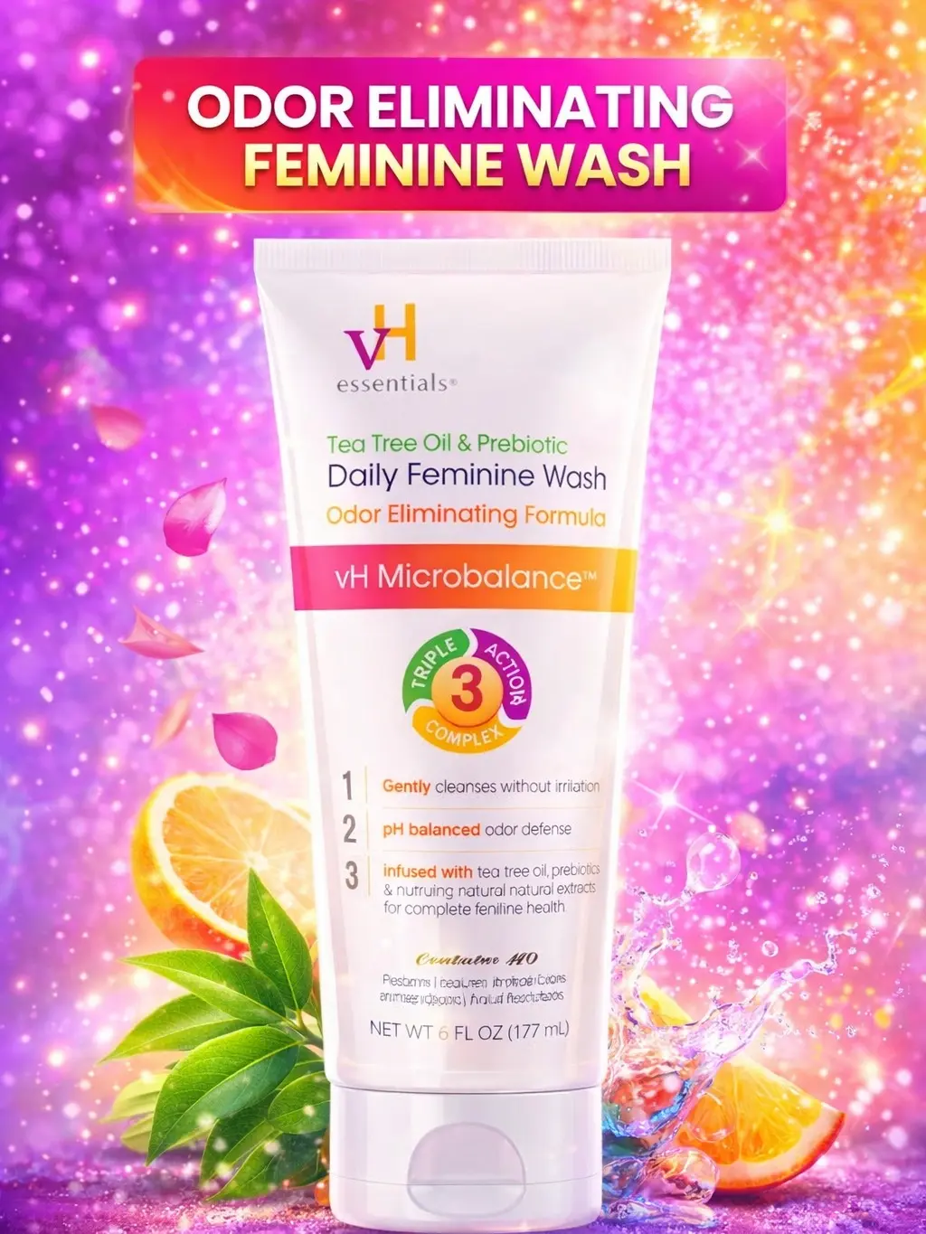 Tea Tree Oil & Prebiotic Daily Feminine Wash, 6 Fl Oz, pH Balanced, Odor Eliminating, Paraben-Free, 54306 Clear - Antibacterial, Flower, Lavender