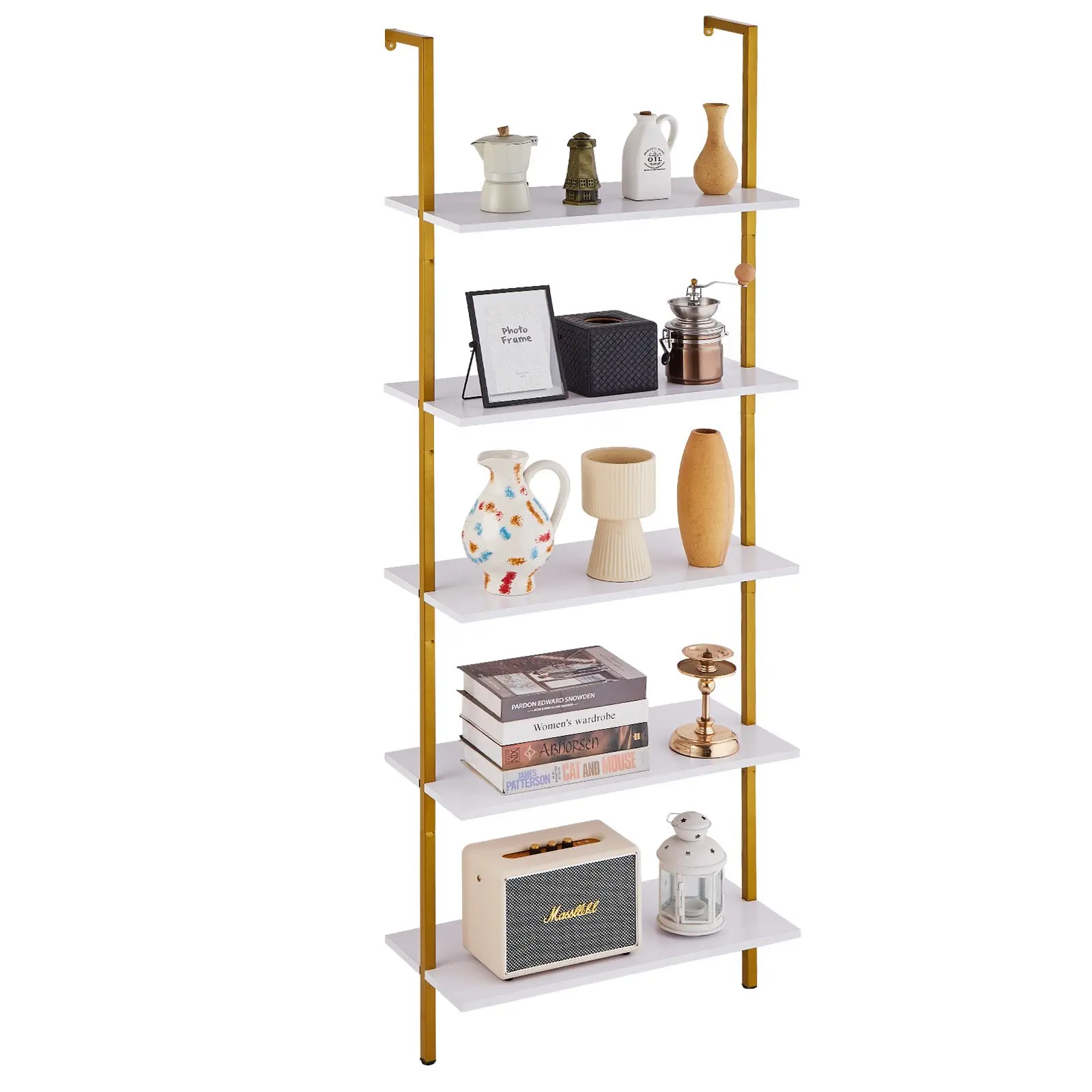 VEVOR Ladder Shelf, 5-Tier Bookshelf 24x11.8in, Open Wall-Mounted Ladder Shelf with Metal Frame, Storage Rack Sundries Holder for Kitchen Bedroom Bathroom Living Room, Gold White