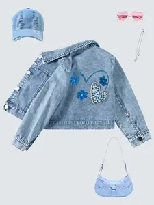 Fashionable Printed Denim Jacket for Girls, Casual Fitted Top with Heart-Shaped Flower Pattern, Comfortable Fabric for Spring & Fall