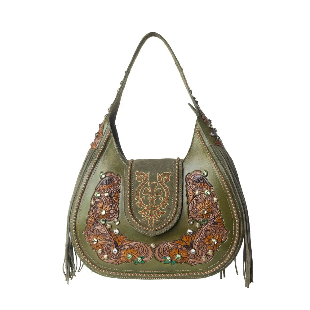 Women's Western Fern Handtooled Leather Crossbody & Shoulder Bag - Myra Sierra Grove Handmade Woven, Colorful Beadwork Ethnic Bag, Handmade Woven Bag, Colorful Beadwork Women's Crossbody & Shoulder Bags