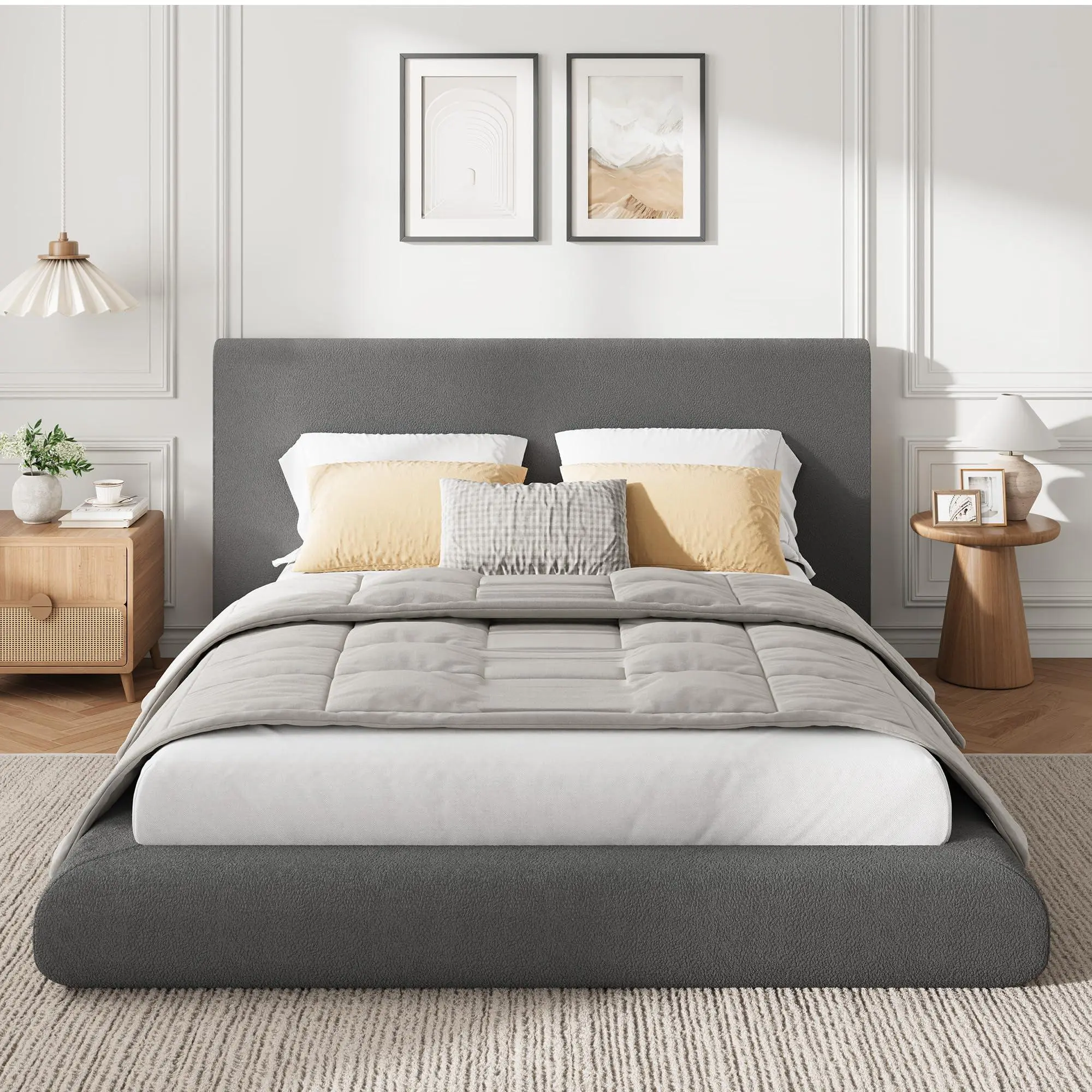 Modern Cloud Platform Bed Full, No Box Spring Needed, Easy Assembly, Soft Plush Fabric, Noise-free, Dark Grey