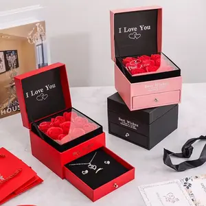 Jewelry Box Flip Top with 9 Soap Flowers Murano Glass Beads Bracelet Silver Necklace for Christmass/Valentine's Day Gift