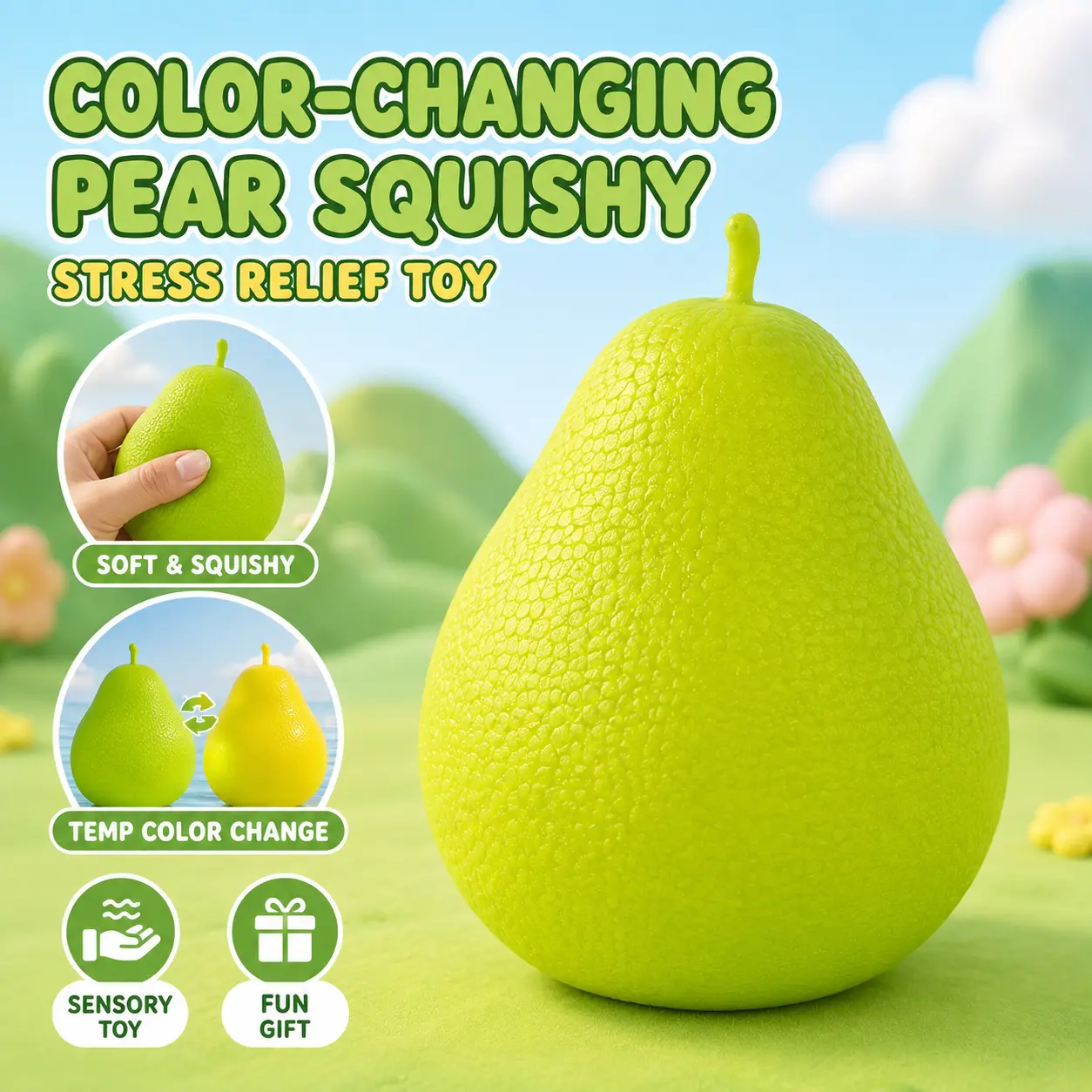 Color Changing Pear Squishy Toy, Realistic Fruit Squeeze Fidget Toy with Fun Color Change Effect, Soft Sensory Stress Relief Toy for Adults and Kids, Desk Toy and Fun Gift