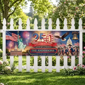Custom Family Name America 250 Years Hanging Vinyl Banner, 4th Of July Freedom Sign, Patriotic 2026 Outdoor Independence Day Fence Decor