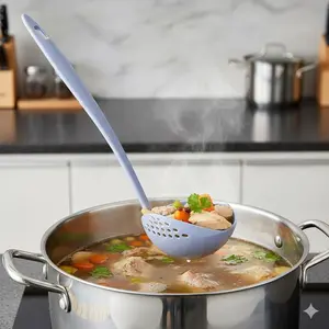 Stainless Steel Slotted Spoon for Cooking, Non-Stick Soup Ladle with Long Handle, Pasta Strainer & Skimmer, Easy-Clean Kitchen Tool for Frying, Baking, Serving. Heat-Resistant & Durable.