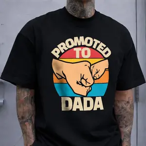 Promoted To Dada' Retro Fist Bump Print T-shirt Father's Day New Dad Style Casual Top
