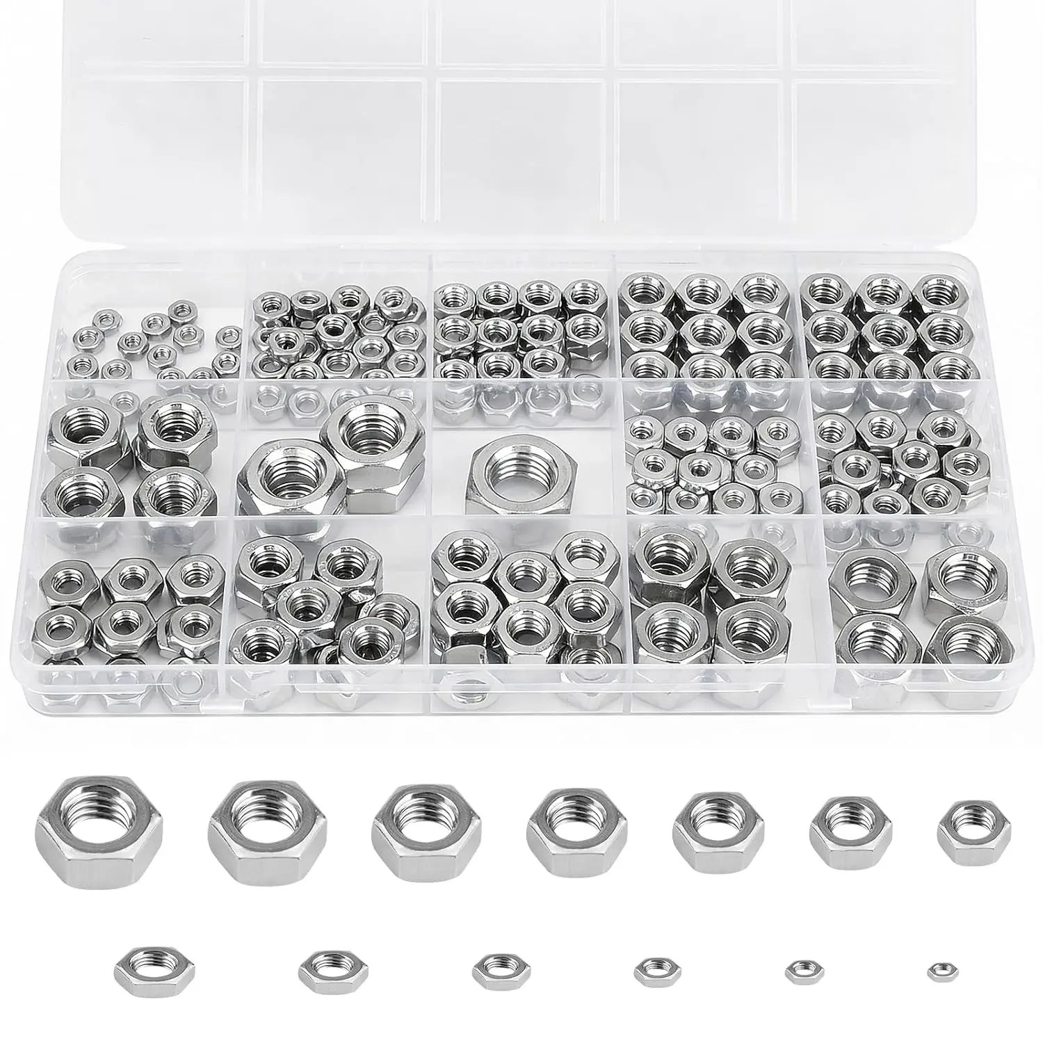 Metric & SAE Hex Nuts, 196 Packs 304 (A2-70) Hardware Nuts | M3 M4 M5 M6 M8 M10 M12#6-32#8-32#10-24 1/4"-20 5/16"-18 3/8"-16 Standard Inch Coarse Thread Nuts