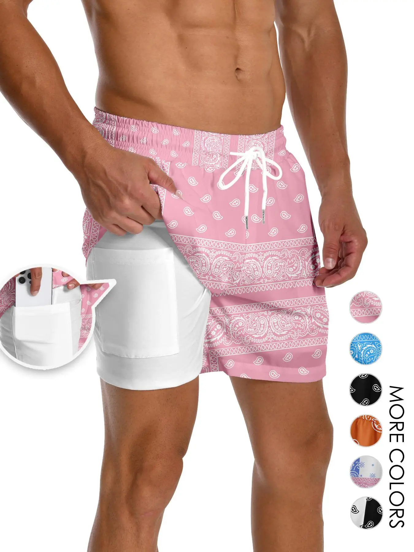 Men's 2 in 1 Paisley Print Pocket Drawstring Waist Shorts, Regular Fit Casual Straight Leg Shorts, Fashion Men's Summer Bottoms for Beach Vacation, Vi