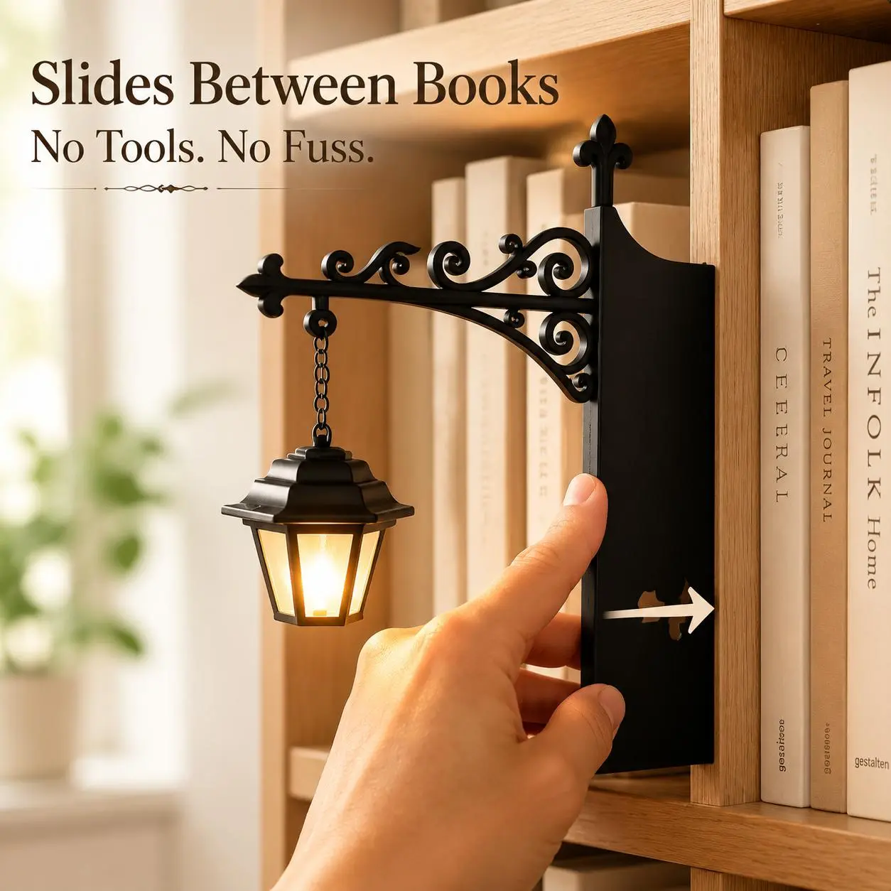 Vintage Library Lantern Night Light - Compact Soft Warm LED Glow Lamp with Hanging Mount, Ambient Glow Gentle Illumination for Bookshelves, Literary Reading Nook Indoor Decor B001