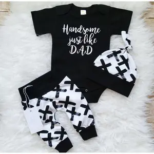 3pcs Newborn Baby Boys Black Rompers+ Crosses Print White Pants Outfits Clothes Set