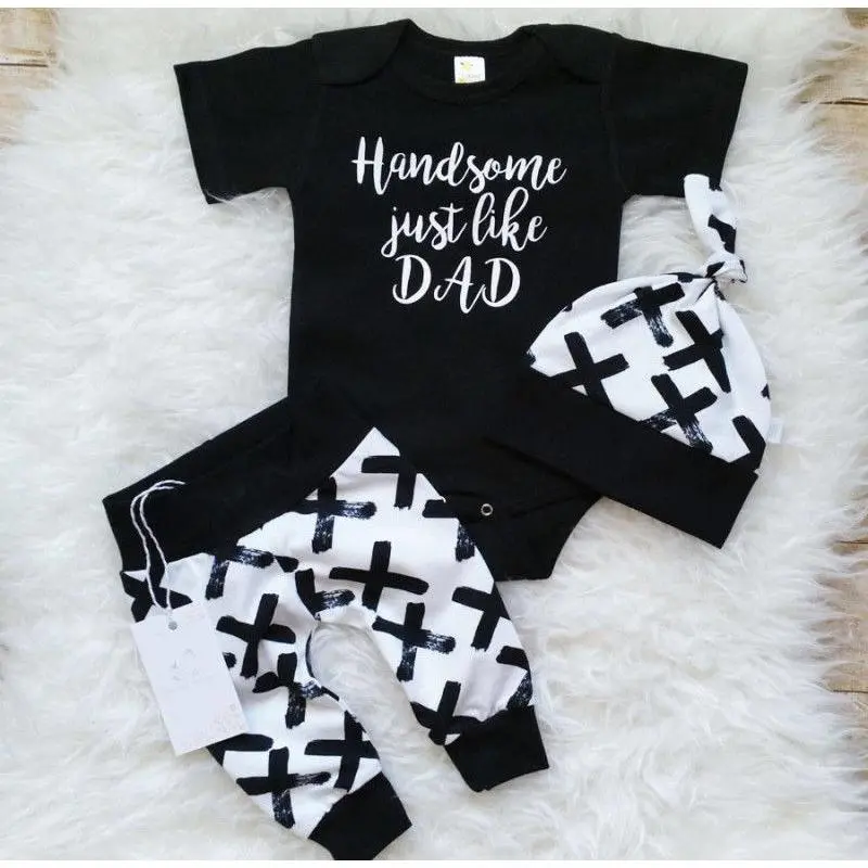 3pcs Newborn Baby Boys Black Rompers+ Crosses Print White Pants Outfits Clothes Set 3pcs Newborn Baby Boys Black Rompers+ Crosses Print White Pants Outfits Clothes Set