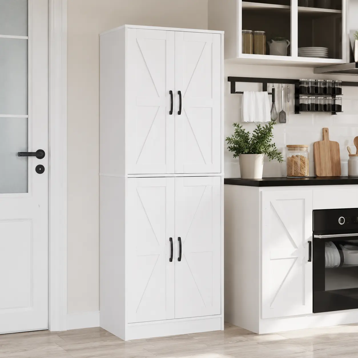 Farmhouse-Style Modern Storage Floor Cabinet, 4-Door Kitchen Pantry with Adjustable Shelves, Multifunctional Food Storage for Kitchen, Dining Rooms, Modern Storage Cabinet