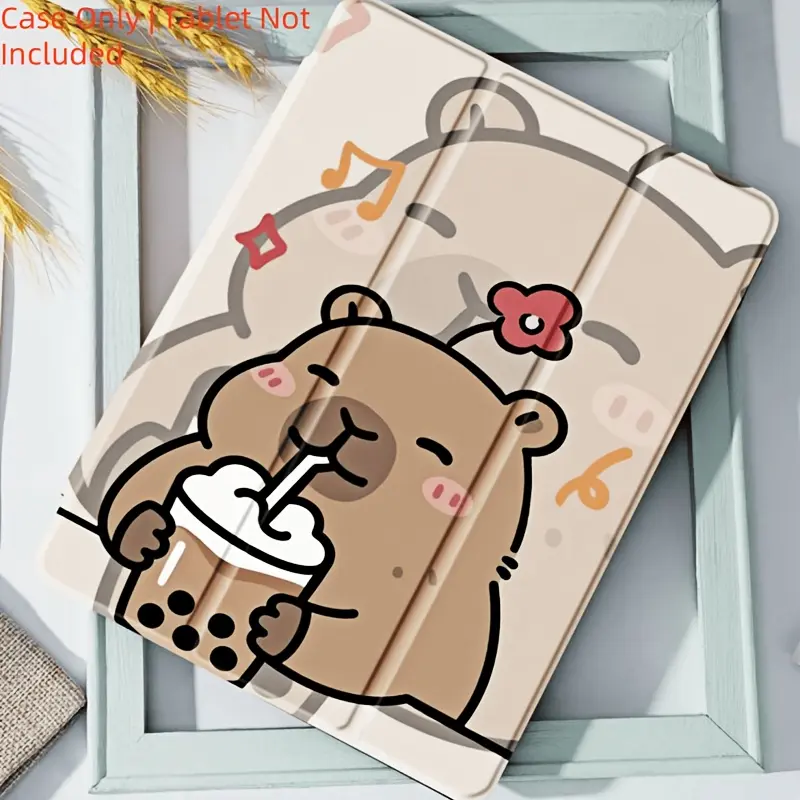 popover, milk tea capybara three-fold flip-top stand pen slot anti-fall tablet protective case suitable for case for ipad Air4th/Air5th (10.9-inch) 7/8/9th (10.2-inch) 5th/6th/Air1/Air2 (9.7-inch) Air3rd (10.5-inch) Pro (11-inch) 10th