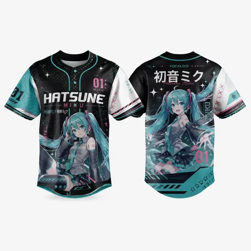 Hatsu.ne Miku Vocaloid Anime Baseball Jersey Streetwear 01 Cyber Cyan Button Up V-Neck Athletic Tee Soft Mesh Graphic Shirt Festival Cosplay Apparel Gift