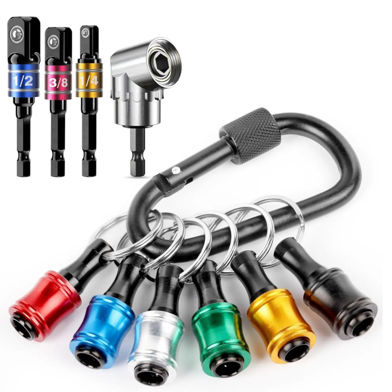 10Pcs Multi-Size Metal 1/4-Inch Hex Bit Holder Key Chains with Cupped Grip - 3-Size Socket Adapters (1/4" 3/8" 1/2"), 105° Versatile & Innovative Unique New Tool for Tight Spots, Impact Driver, Power Drill Home Improvement Supplies