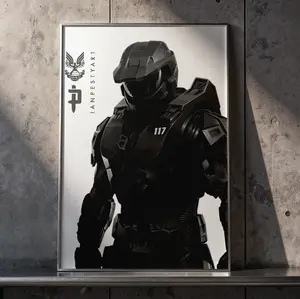 Halo Spartan 117 “Lone Icon” Minimalist Tactical Poster – Matte Black Sci-Fi Wall Art for Gaming Room & Man Cave Decor