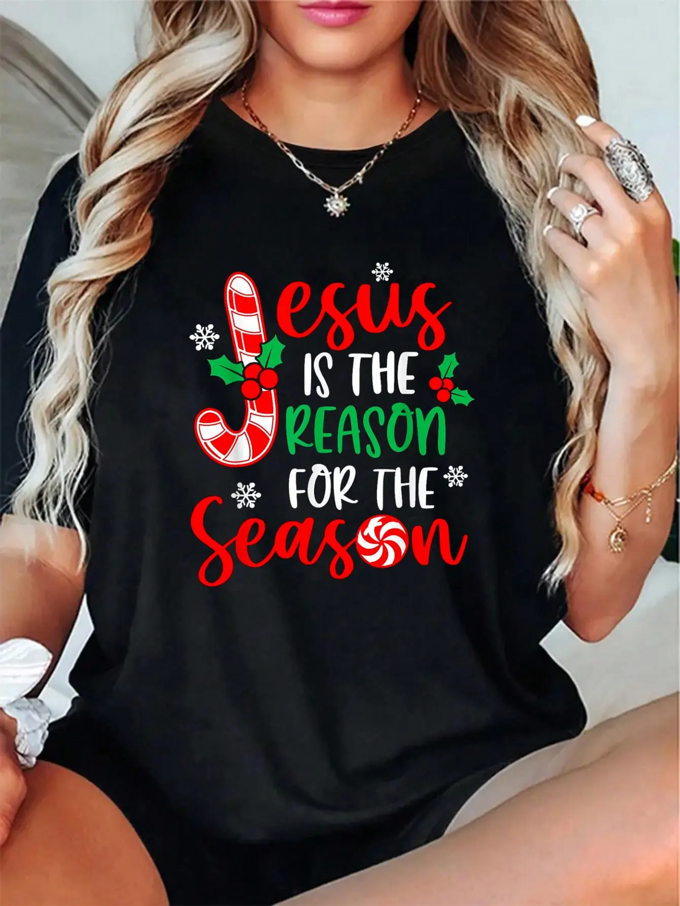 100% Cotton Unisex Jesus Is The Reason For The Season Christmas Xmas Candy Cane T-Shirt spring/autumn Christmas snowflake fun cookie pattern women's shirt