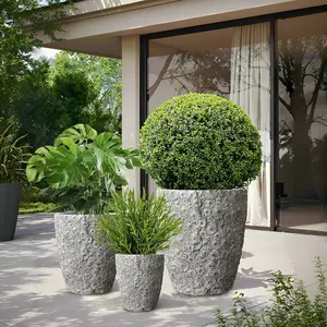 Concrete Craft flowerpots 16"+12"+10" Dia Round Concrete Planter Set of 3 Large Outdoor/Indoor Planter Pots Containers with Drainage Holes and Rubber Plug for Home Garden (Grey, Large)