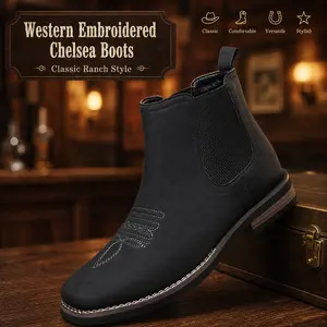 CYUW Men’s Black PU Leather Synthetic Embroidered Chelsea Ankle Boots - Slip-On, Ankle Height, Slip Resistant, Ideal for Business Commuting