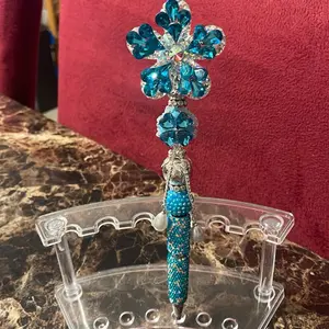 Luxury Blue Flower Bling Pen Refillable Rhinestone Statement Pen with Sparkling Rhinestones and Elegant Design