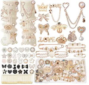 72Pcs Junk Socks Charms Kit, Gold Brooches and Pins for Women,Pearl and Rhinestone Sock Charms with Safety Pins, DIY Accessories for Decorating and Personalizing Socks Clothes Hats Shoes Scarf Shawl