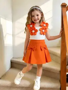 mer Clothing Set 3D Floral Embellished Ribbed Tank & Pearl Beaded Wrap Skort Chic Pink White Design Comfortable Fit for Special Occasions Photoshoots Ages 4-7 Years