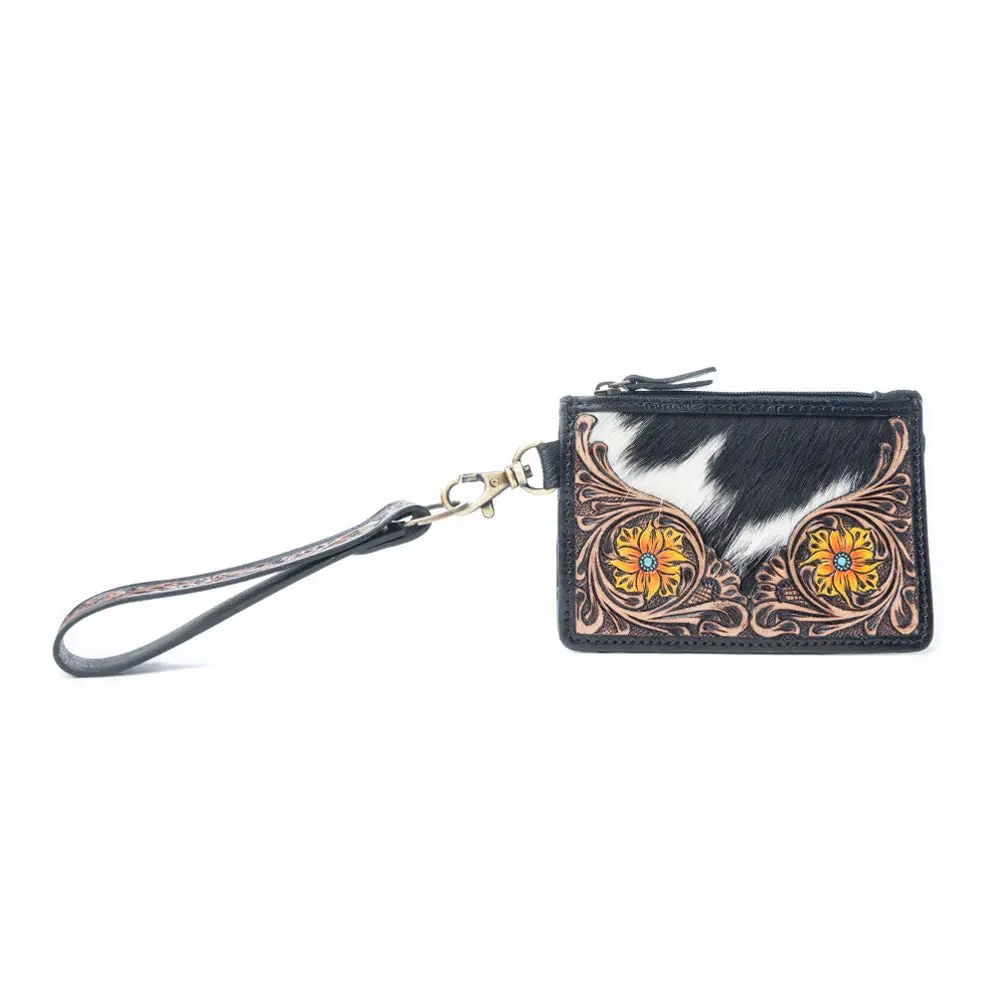Women's Western Leather Wristlet Wallet, Stylish Hand-Tooled Floral Hairon Cow Hide Card Holder with Zip Closure and Detachable Strap, Stylish Wallet, Credit Card Holder, Western Art, Everyday Carry, Wristlet Strap, Dual Flowers