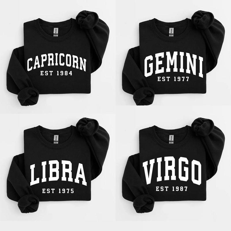[LEAVE A NOTE OR NOT EST YEAR] Custom Year, Custom Zodiac Sweatshirt – Black Color, Est Your Year Astrology Pullover, Cute Horoscope Energy Gift, Unisex Crewneck Sweatshirt, Birthday Zodiac Sign Outfit 2026