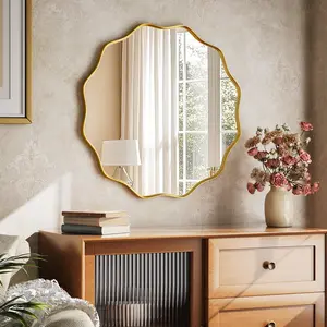 24" Wavy Round Bathroom Mirror Wall Decor with Deep Frame, Gold