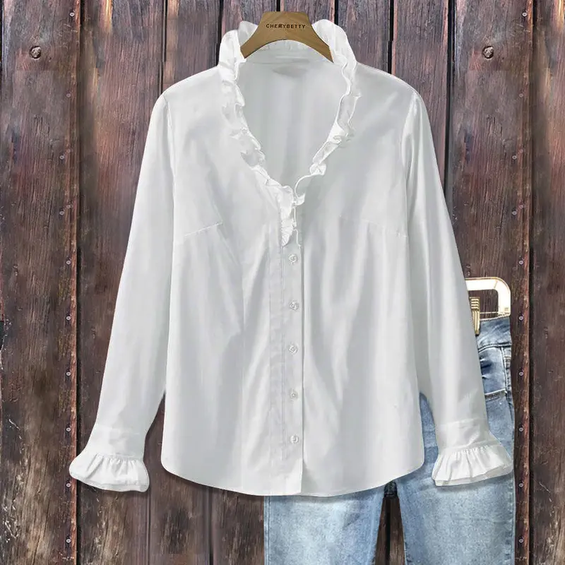 Cherrybetty Elegant Solid Stand Ruffle Collar Long Sleeve Shirt in Pure White for Everyday Wear Sweety Essential Comfort Elegant Outfits Winter Outfits For Women Going Out Tops