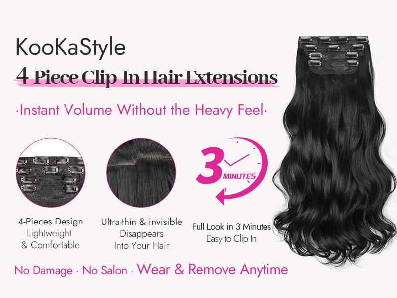 [KooKaStyle] Clip-In Hair Extensions for Women, 4PCS Soft Wavy Synthetic Hairpieces for Instant Volume & Length, Natural-Looking Seamless Blend, 20 Inch Black