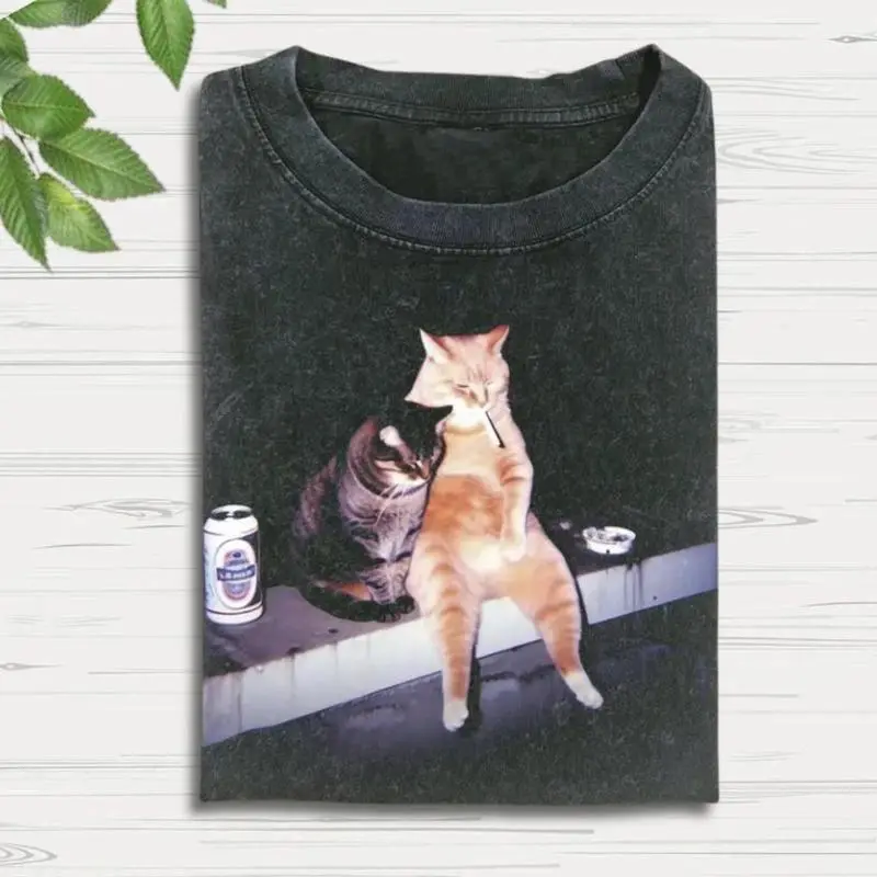 Funny Cat Smoking Graphic T-Shirt with Vintage Adorable Cartoon Cat Design, Unisex Casual Tee for Men and Women, Cute Retro Aesthetic Funny Cat Lover Shirt, Trendy Everyday Streetwear Gift for Pet Owners and Cat Fans