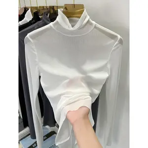 Women's Sheer High-Neck Stretch Top - Slim-Fit H-Line Blouse Base Layer, Lace Trim Semi-Sheer Shirt for Layering, Machine Washable Fall/Winter Casual & Dressy Outfits, Pure-Tone Basic (No Padding)