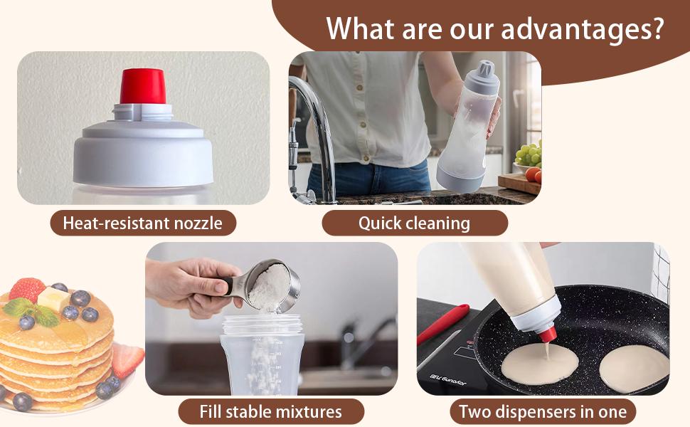 Pancake Batter Dispenser and Mixer with BlenderBall for Pancakes Waffles Muffins & Cupcakes Easy Pour Spout Reusable Plastic Silicone Kitchen Bakeware Bottle Blender Dispenser Hand Mixing Shaker For Waffle Pancake Cupcake Muffin