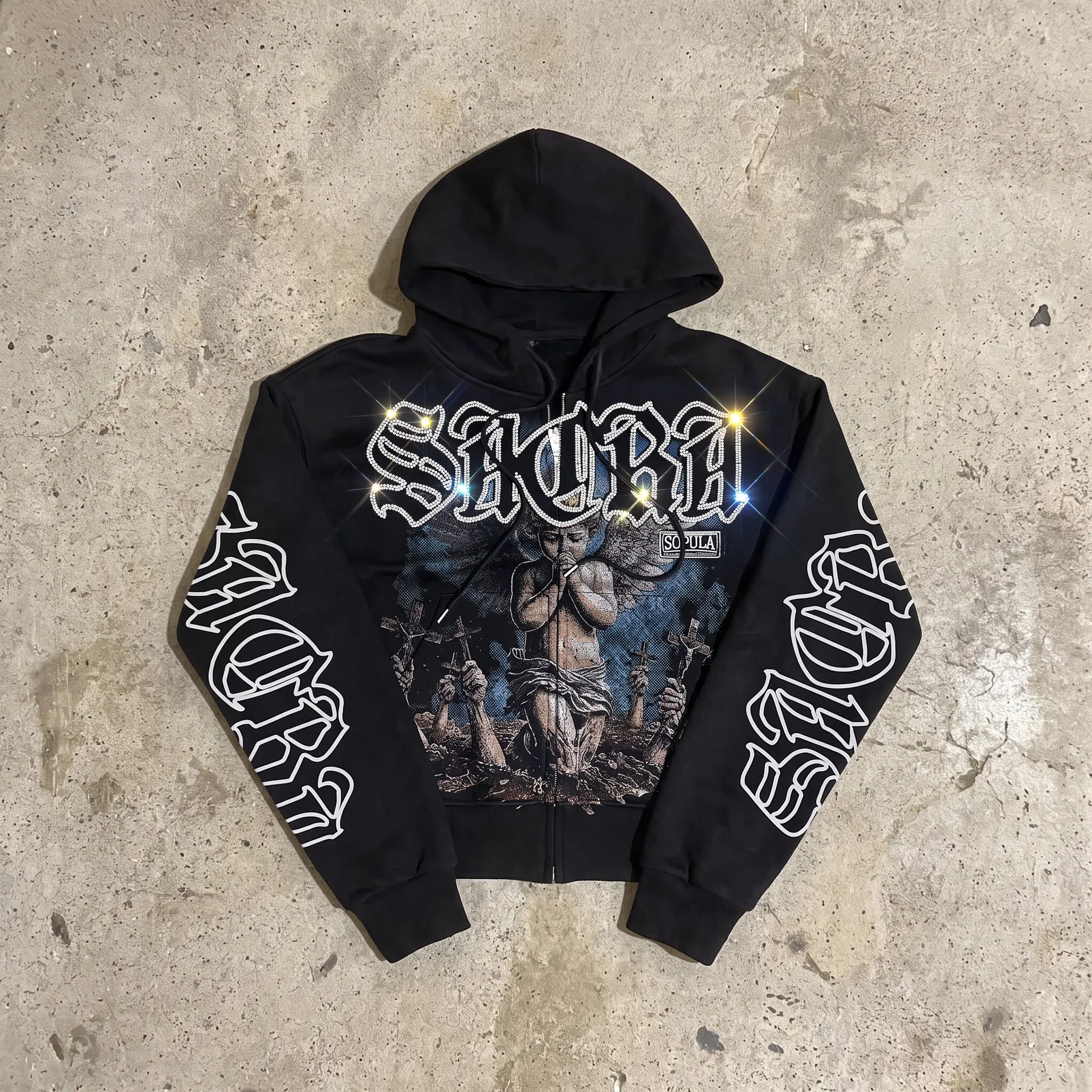 SOPULA Men's  Sacra Diamond Retro Angel Graphic Zip Up Hoodie