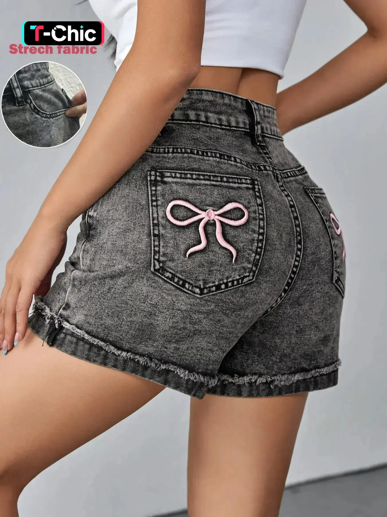 Women's Bow Embroidery Denim Shorts, Casual Vintage Shorts for Daily Wear, Ladies Bottoms for Summer, Womenswear, Fitted Denim Shorts, Chic Casual Shorts, Outdoor, Denim Clothing, Bow Front Shorts