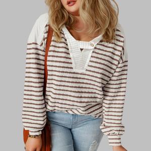 【Plus Size】Asvivid Fall Clothes for Women Striped Hooded V Neck Casual Long Sleeve Top Comfy & Stylish Everyday Wear Casual Tops Blouse Shirts