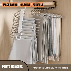 9 Layers Space Saving Clothes Hangers, Non Slip Foldable Pants Hangers, Durable for Closet Organizers and Storage, Home Organization