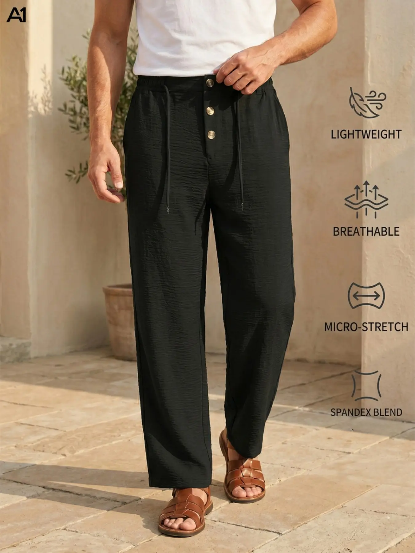 A1 Men's High-Quality Pleated Texture Long Pants, Lightweight  Elastic Loose Fit, Comfortable and Stylish Men's Clothing  Premium Crinkle Textured Trousers - Lightweight Summer Woven Pants